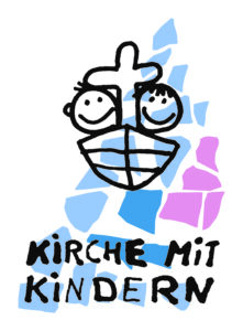 Logo der Kirche mit Kindern in der EKBO, Vordergrund: Zeichnung eines Bootes mit Kreuz und zwei Kindern. Hintergrund: Lila-rosa-blaue Farbflächen, Schrift: Kirche mit Kindern (verspielt)