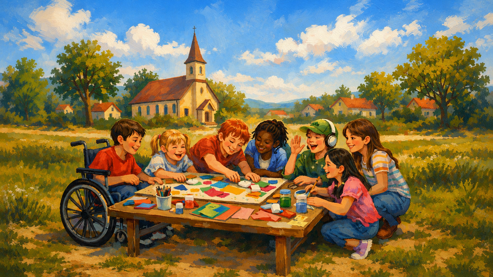 Kinder sitzen draußen fröhlich zusammen am Tisch und spielen, im Hintergrund ist eine Kirche zu sehen. Ein Kind hat Kopfhörer auf, ein anderes sitzt im Rollstuhl. Die Kinder sehen ganz unterschiedlich aus.